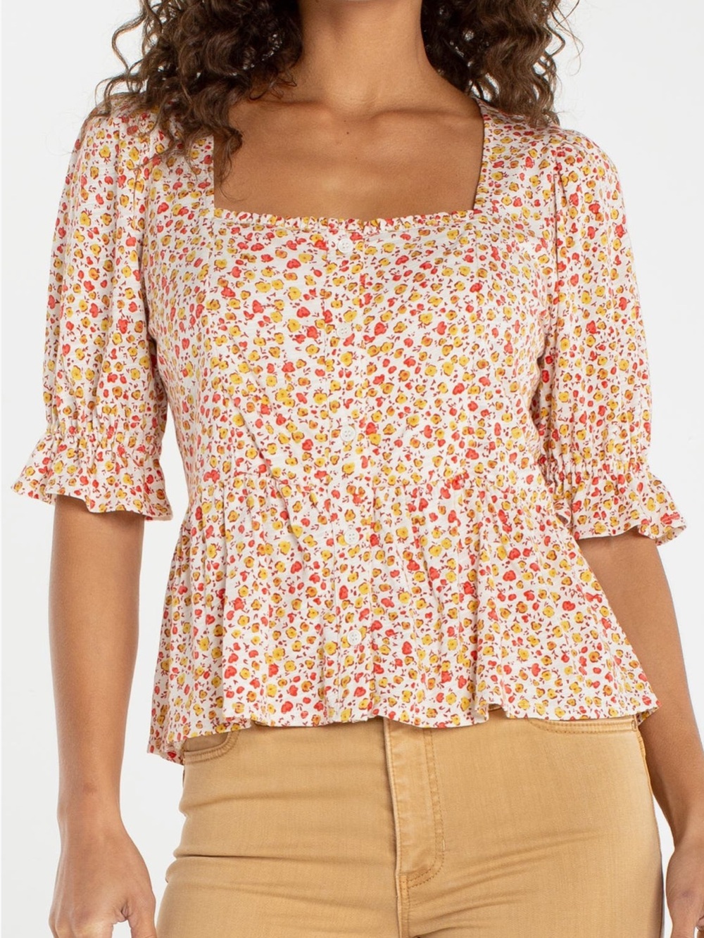 Liverpool Floral Puff Sleeve Peplum Top